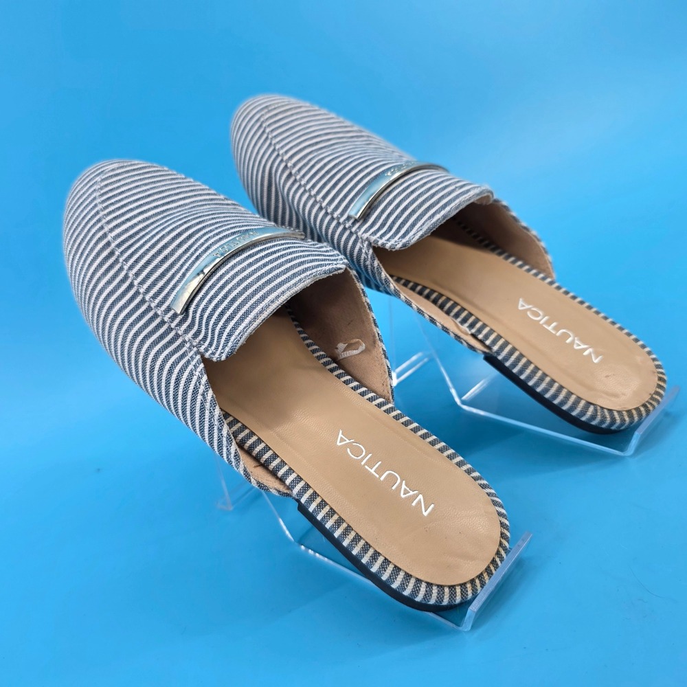 Nautica Striped Mule Loafers Blue Nautical Slip On Flats Silver Logo bar 8
